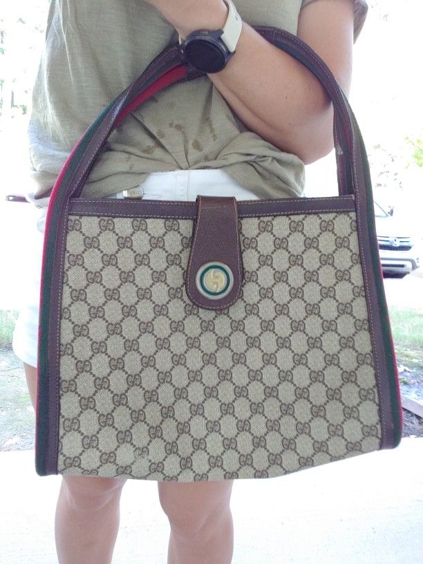 Authentic Vintage Gucci GG Monogram Supreme Sherry Web Satchel Shoulder Tote Bag