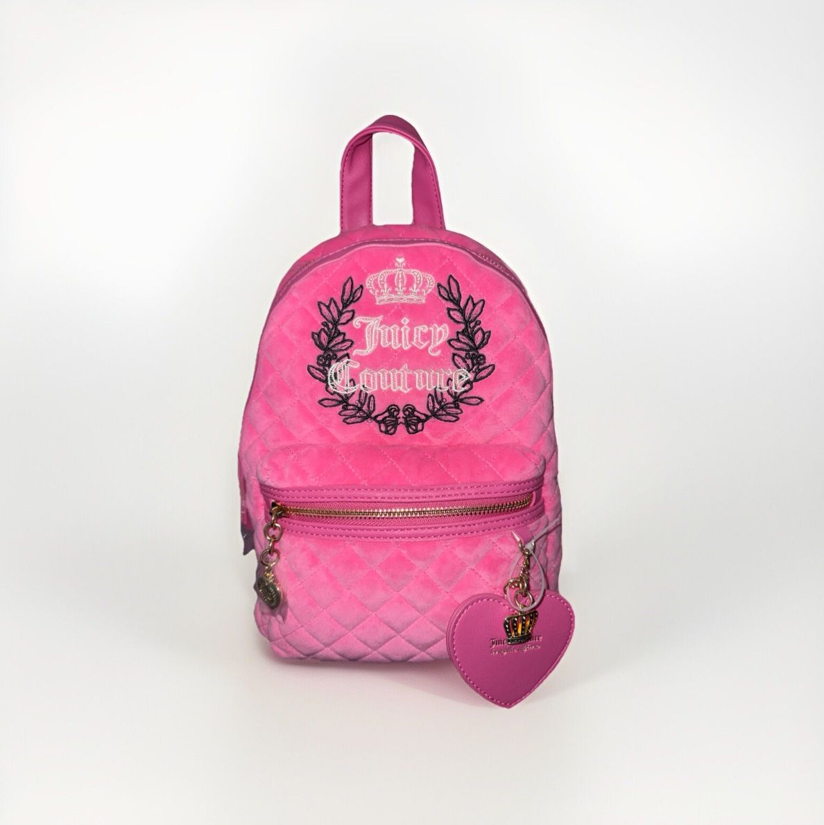 JUICY COUTURE Royal Moment Medium Backpack + Heart Crown Keychain Pink Velour