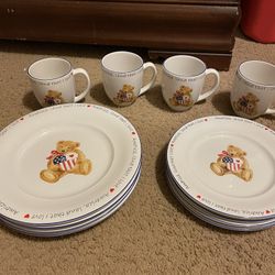 America Land That I Love Bear American Flag Dishes Plates 12 Pieces 4 Each Salad Plates, Coffee Cups, Dinner Plates 