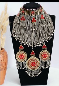 Red Afghan full jewellery set, Afghani Jewelry set Afghan Choker Necklace, headpiece mathapatti earr
