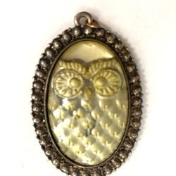Super Cool Vintage Mixed Material Reverse Painted Owl Pendant   Some of the Gold is coming off on the backside so it looks a little bit like mercury g