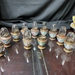 Group of 11 Antique Chinese Qing Dynasty Opium Lamp Famille Rose Porcelain cups and Brass 