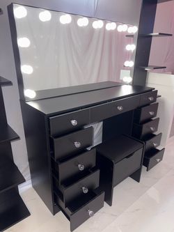 Brand New Black Hollywood Vanity with storage stool