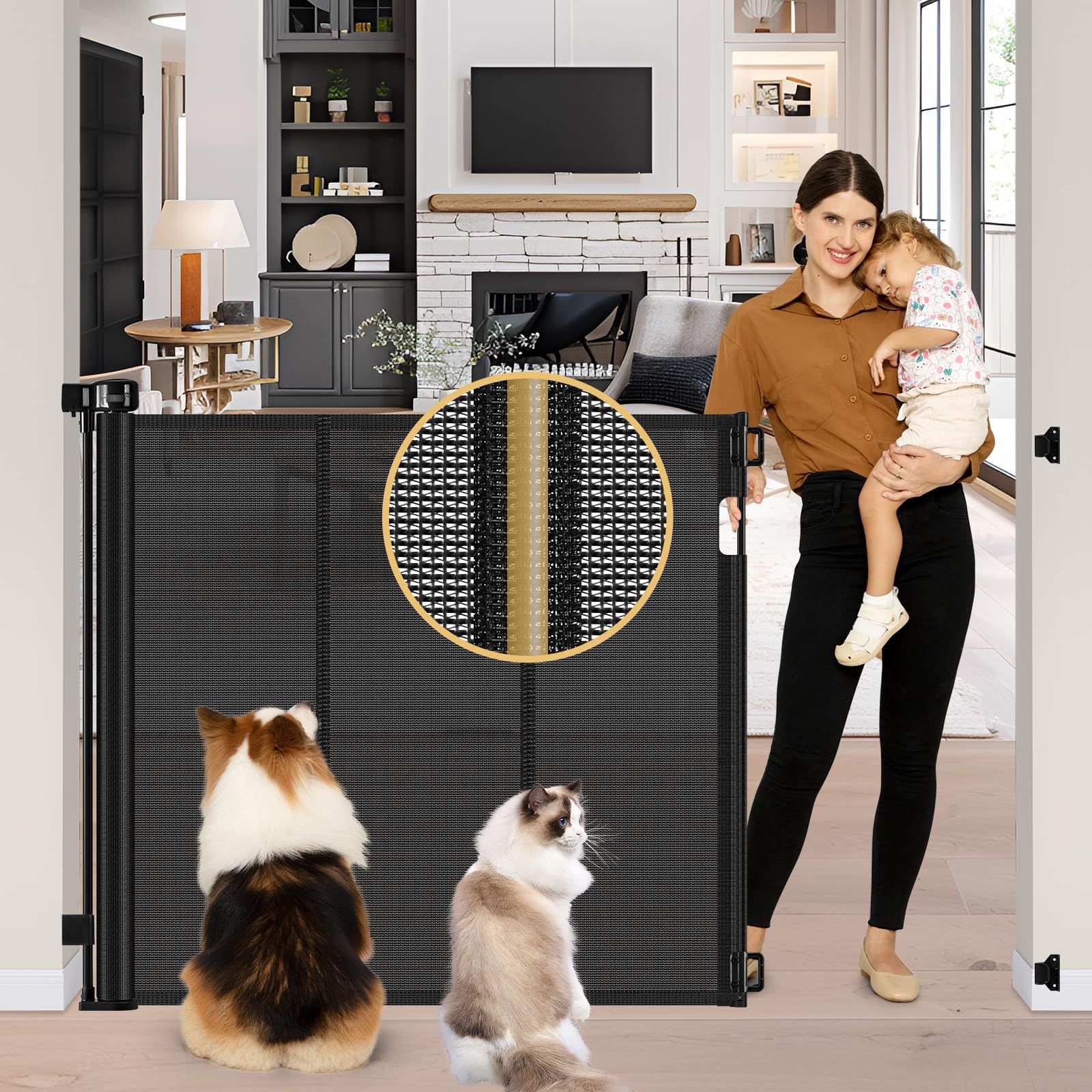 Reinforced 42" Extra Tall Pet Gate 55" Wide Retractable Baby Gate with Support Rods - Retractable Dog Gate Indoor/Outdoor Retractable Gate, Bottom Ant