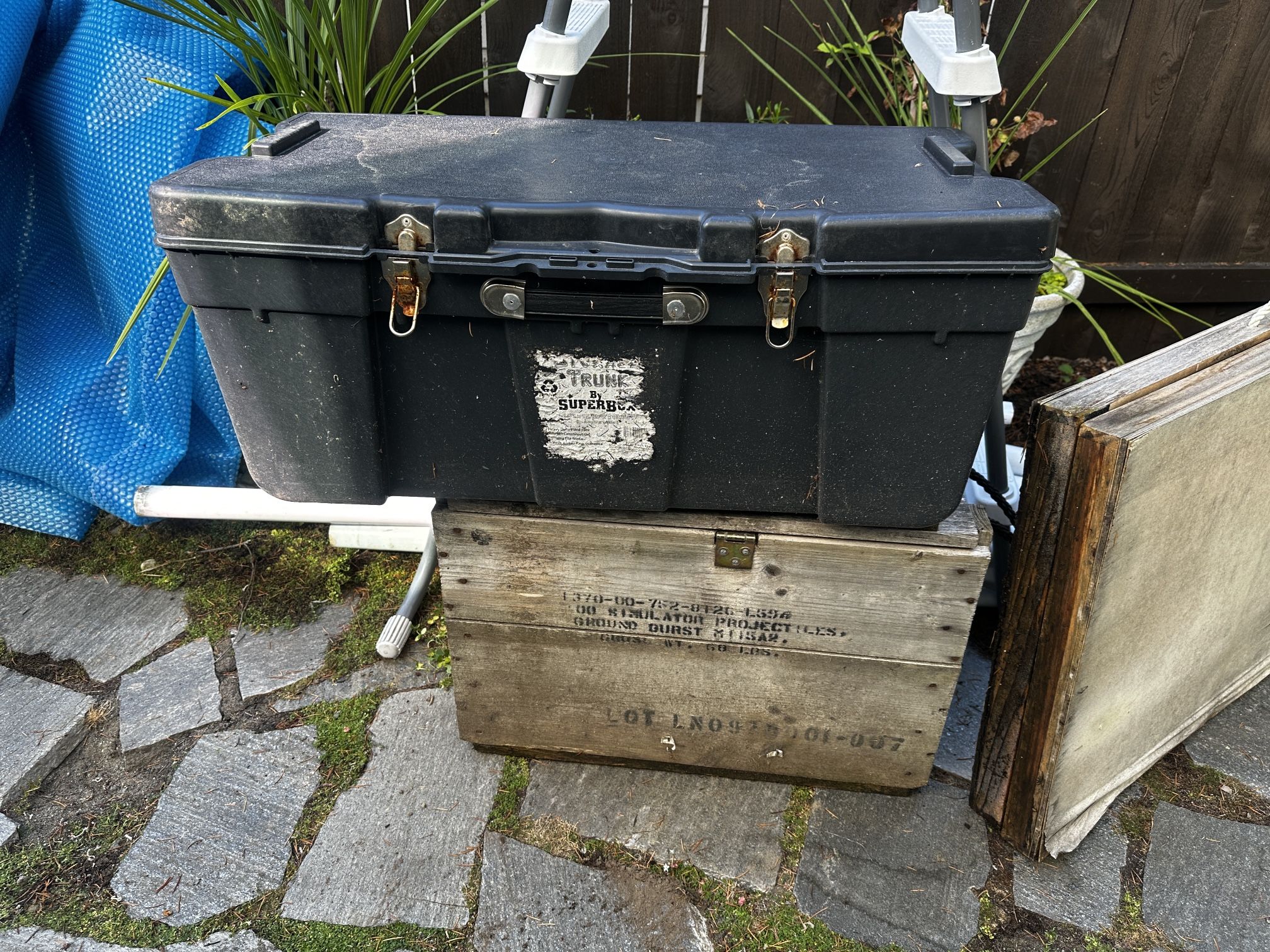 Free- Pool Ladder, Cover, Corn Hole Storage Boxes