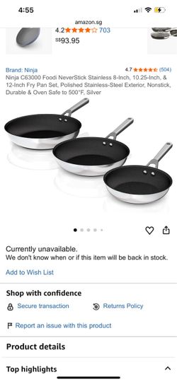 Ninja C63000 Foodi NeverStick Stainless 8-Inch, 10.25-Inch, & 12-Inch Fry Pan Set, Polished Stainless-Steel Exterior, Nonstick, Durable & Oven Safe to