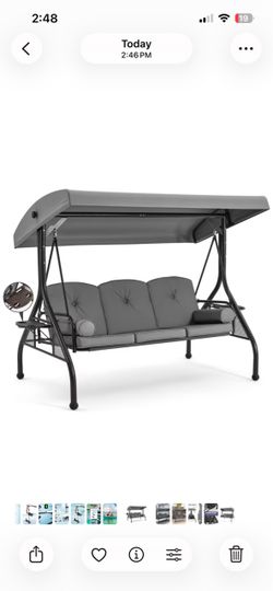 3 Seat Porch Swing with Adjustable Canopy, Patio Swing with Stand(Gray
