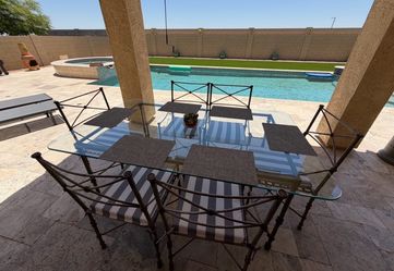 Pier 1 Medici Wrought Iron Dining Set 6 Chairs Giacometti Inspired 8 Grey & White Cushions Included