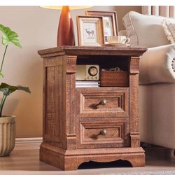 Farmhouse Nightstand with Charging Station, 18" End Table with 2 Drawers Storage and 1 Storage Shelf, Wooden Sofa Table w/Roman Column,, Bedside Cabin