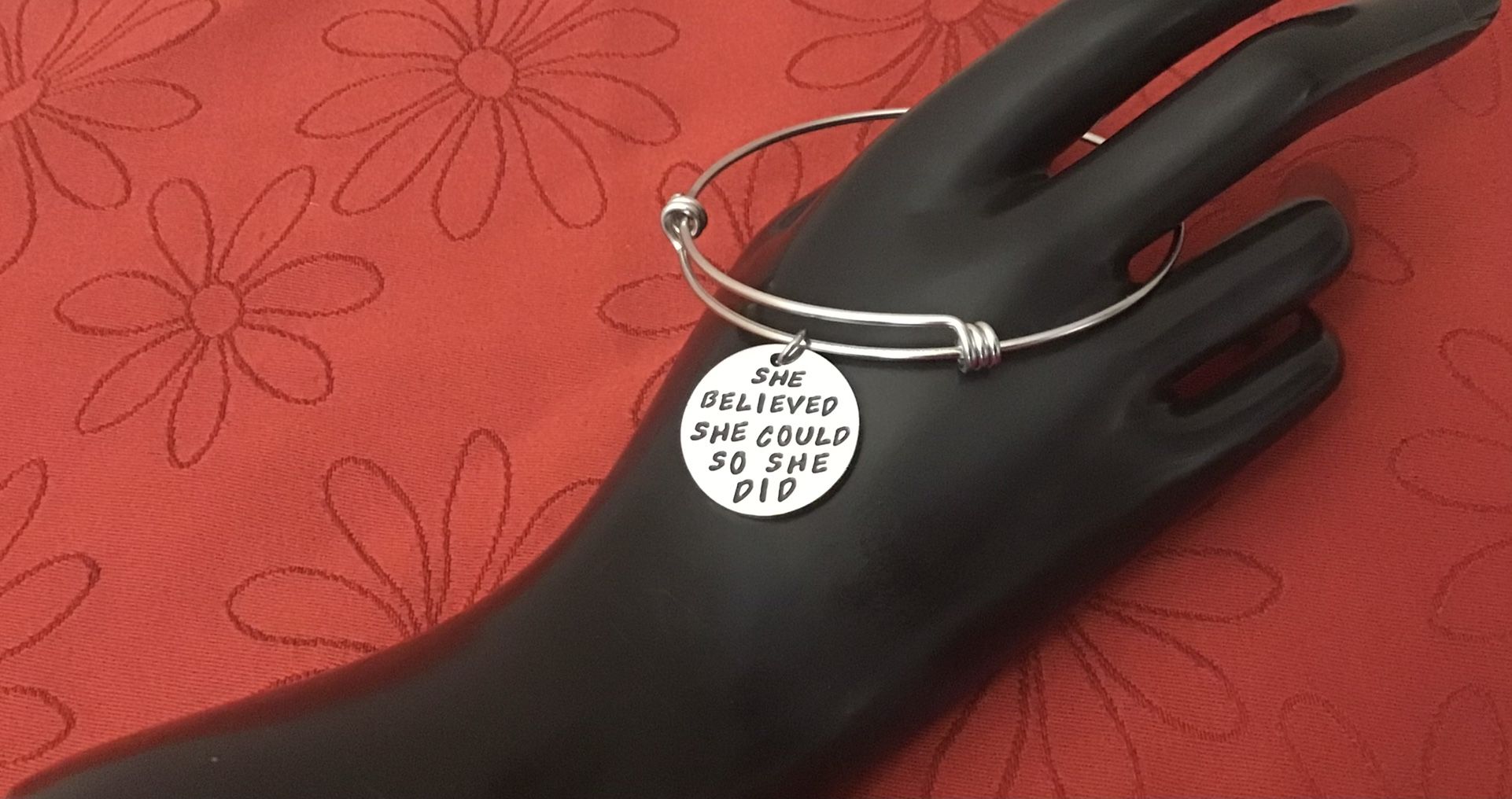 Inspirational Stainless Steel Bangle Bracelet, "She Believed She Could, So She Did". Expandable Bracelet. Size: 7.5 +