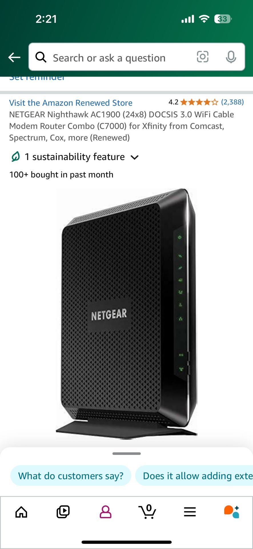 NETGEAR Nighthawk AC1900 (24x8) DOCSIS 3.0 WiFi Cable Modem Router Combo (C7000)