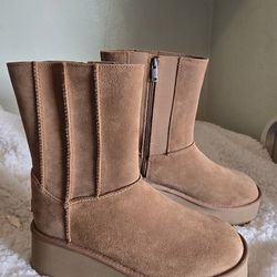 UGG classic twin seam, new heights platform boots in chestnut suede size 10