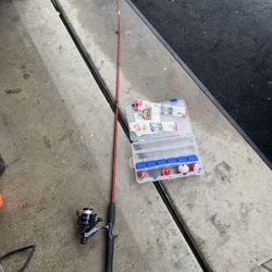 FISHING POLE WITH REEL KIT  HOOKS BALLS WEIGHTS