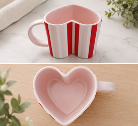 Heart-Shaped Ceramic Coffee Mug – Pink & Red Striped