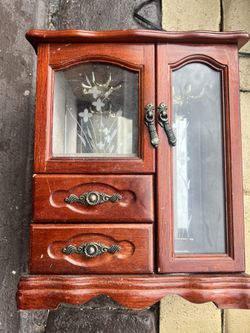 Antique Wooden Jewelry Box with Etched Flowers on Glass Doors and Gray Velvet Interior