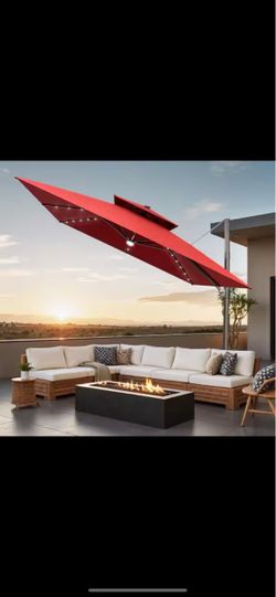 11 ft. Square Double Top Aluminum Outdoor 360Β° Rotation Cantilever Patio Umbrella with Solar LED Lighted in Red βοΈππ