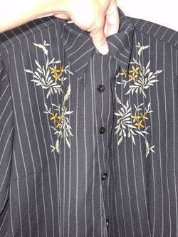 Black Pinstripe Floral Embroidered Button-Up Shirt