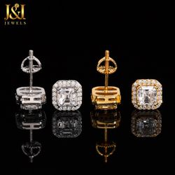 Moissanite Ascher Cut Halo Stud Earrings 7.9 mm