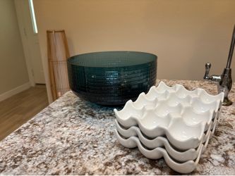 Blue Glass Fruit Bowl + Set of 3 White Egg Holders