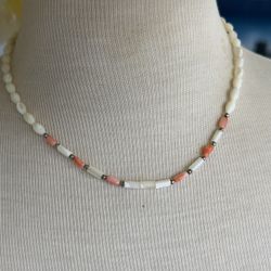 Vintage pearl and corals silver beaded necklace  In great condition  18 inches in length 
