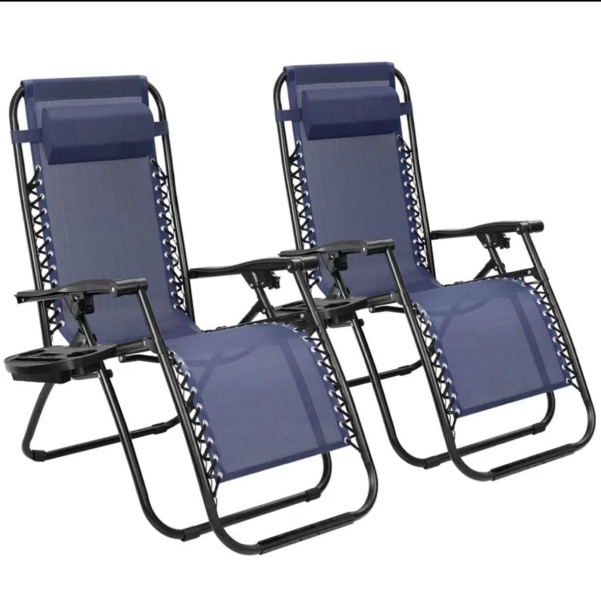 Set of 2 Relaxing Recliners Patio Chairs Adjustable Steel Mesh Zero Gravity Lounge Chair Beach Chairs with Pillow and Cup Holder (Blue)