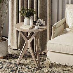 Pedestal Farmhouse End Table, Distressed Top with Tripod Base Bedside Table for Living Room, Modern, Boho Decor, Round