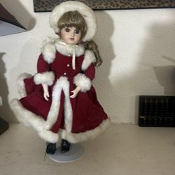 Anco Karen Special Edition 90s Porcelain Doll on Stand with Red Christmas Coat 