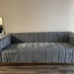 Light Blue & Gold Truffle Velvet Sofa.