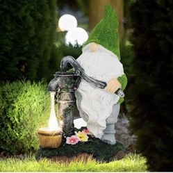Garden Gnome Statue Flocked Figurine Solar Light Pumping Well Patio