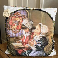 Vintage OOAK 14x14" Square Handmade Pillow Featuring Praying Girls  Felt Trim