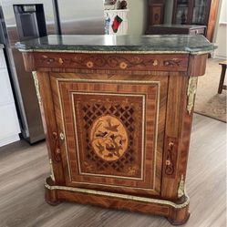 Antique Louis XIV Style Green Marble Top Inlaid Cabinet with Birds