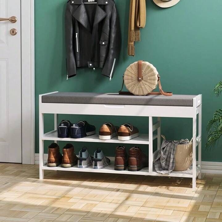 Bamboo Shoe Bench Rack With Storage, Entryway Storage Bench With Padded Seat, Shoe Oiganizer Shelf For Entryway Mudroom Bathroom Hallway, Natural