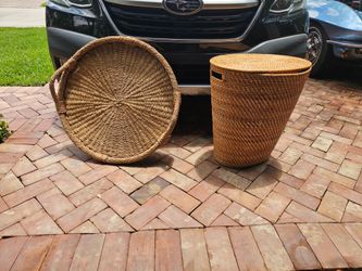 New Oversized 27" Woven Serving Tray & 23" Tall Natural Storage Basket Set