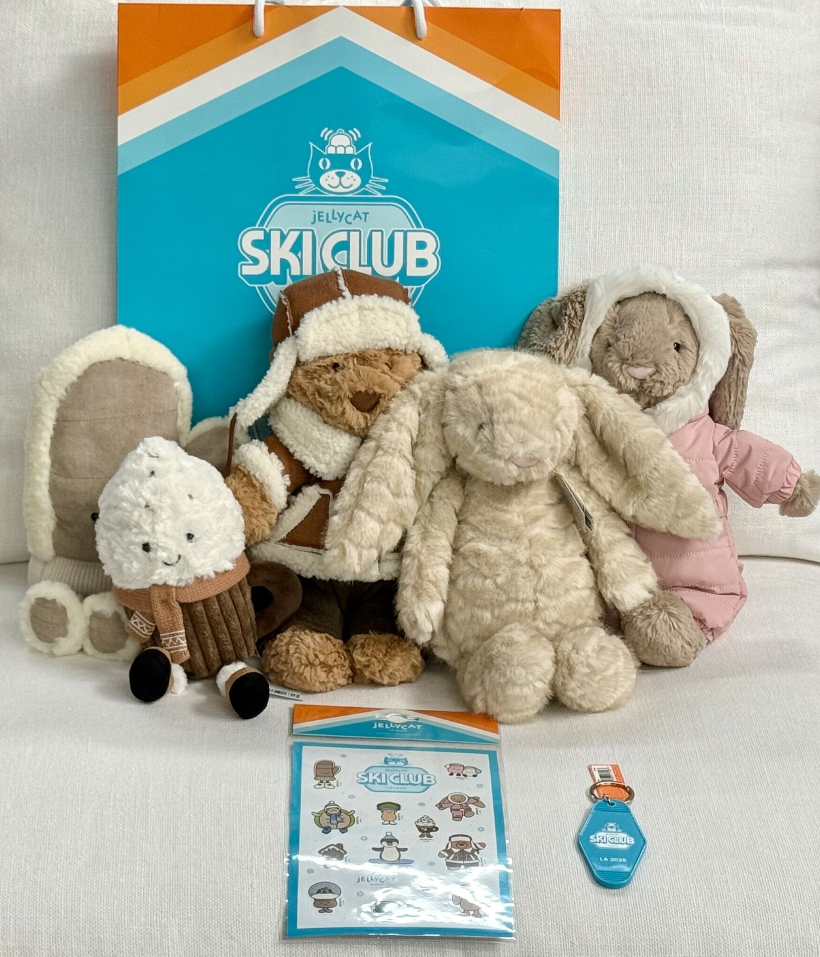 World Exclusive Authentic Ski Club JellyCat Bear, Bunny, Mitten, Hot Chocolate