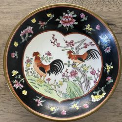 Antique Chinese Rooster And Flowers Porcelain Plate With Copper Cover 