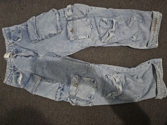 Young La Hella Pockets Blue Wash Cargo Jeans