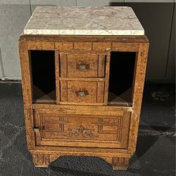 Art deco carved oak nightstand  with marble top