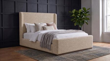 Frame Queen Platform bed Tan Fabric, New Especial pric e