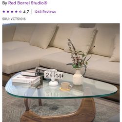 Triangle Glass Coffee Table With Wooden Base And Clear Glass Top, Mid Century Abstract Glass Table 