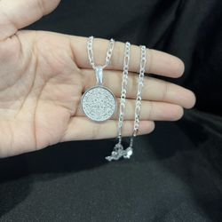 925 Sterling Silver Mens Womens Aztec Mayan Calendar & Figaro Chain