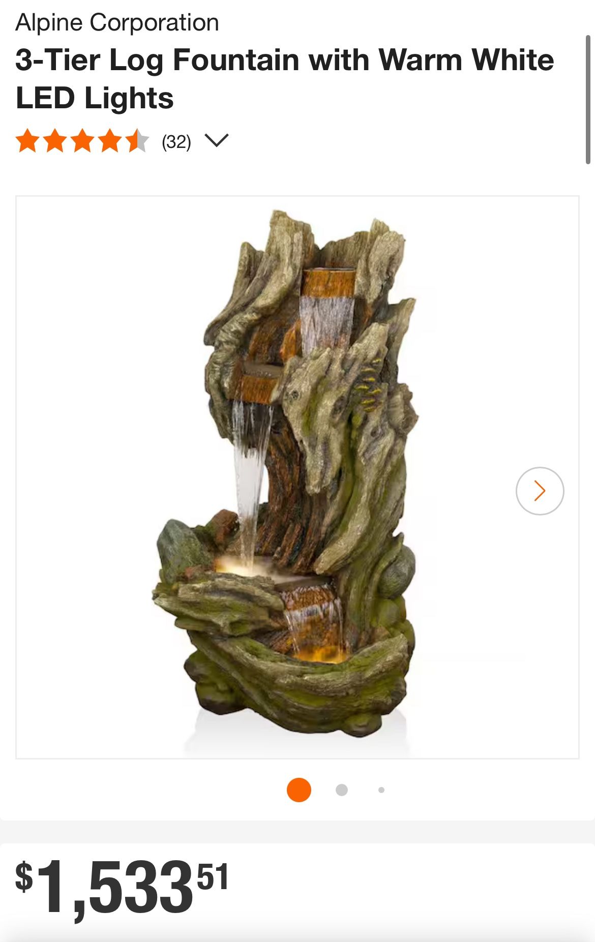 [Retail: $1533] Brand New Alpine Corporation 3-Tier Log Fountain with Warm White LED Lights