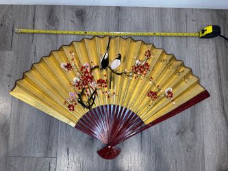 Large Hand-Painted Asian Wall Fan – Gold Bird & Cherry Blossom Decor.