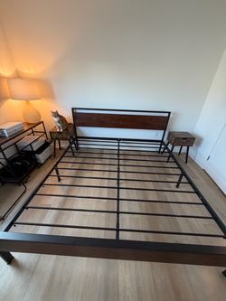 King Size Platform Bed Frame with Headboard – Rustic Wood & Black Metal – Ex