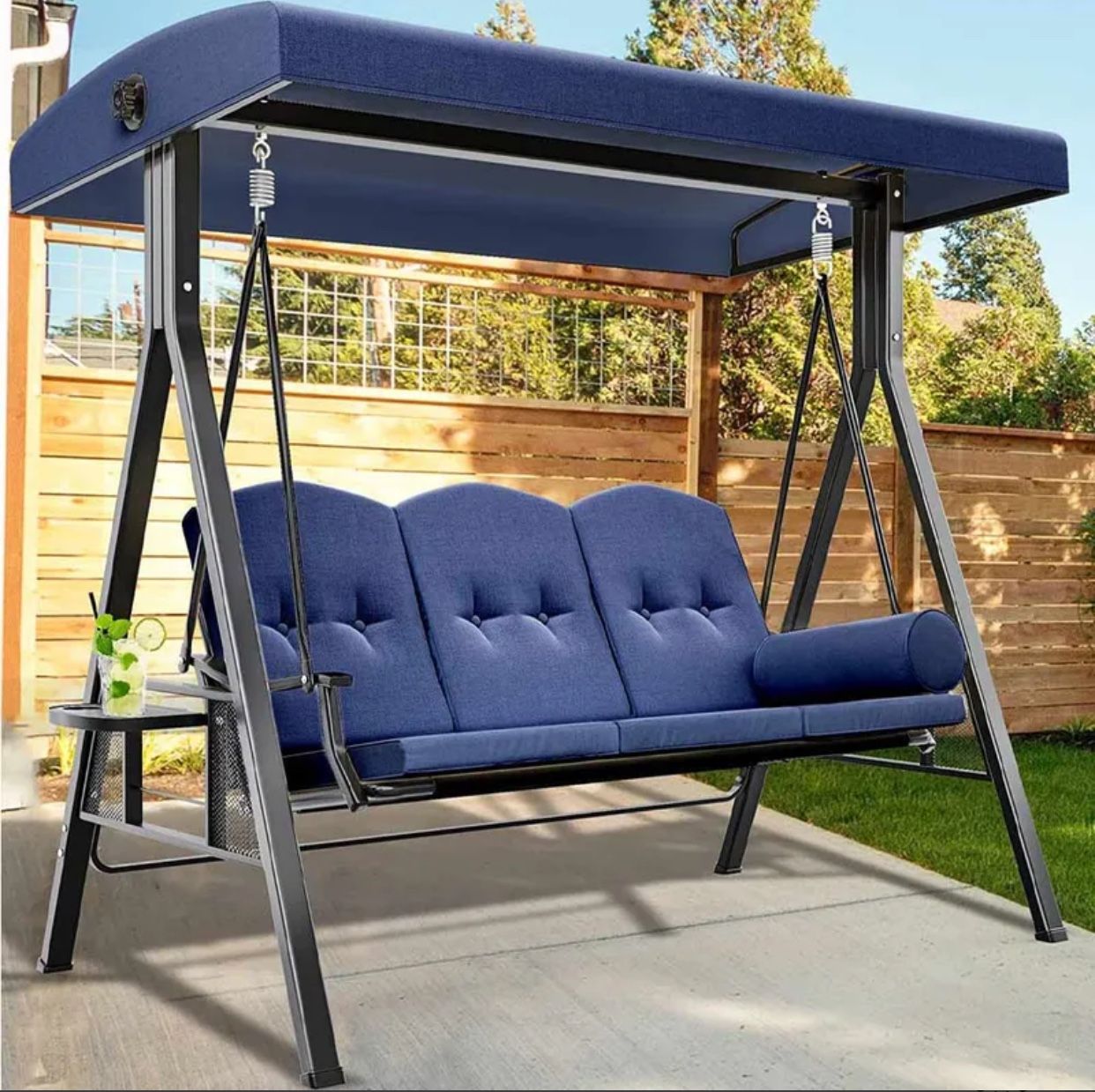New In Box 3-Person Deluxe Outdoor Large Porch Swing with Adjustable Canopy in Navy Blue Buy Now
