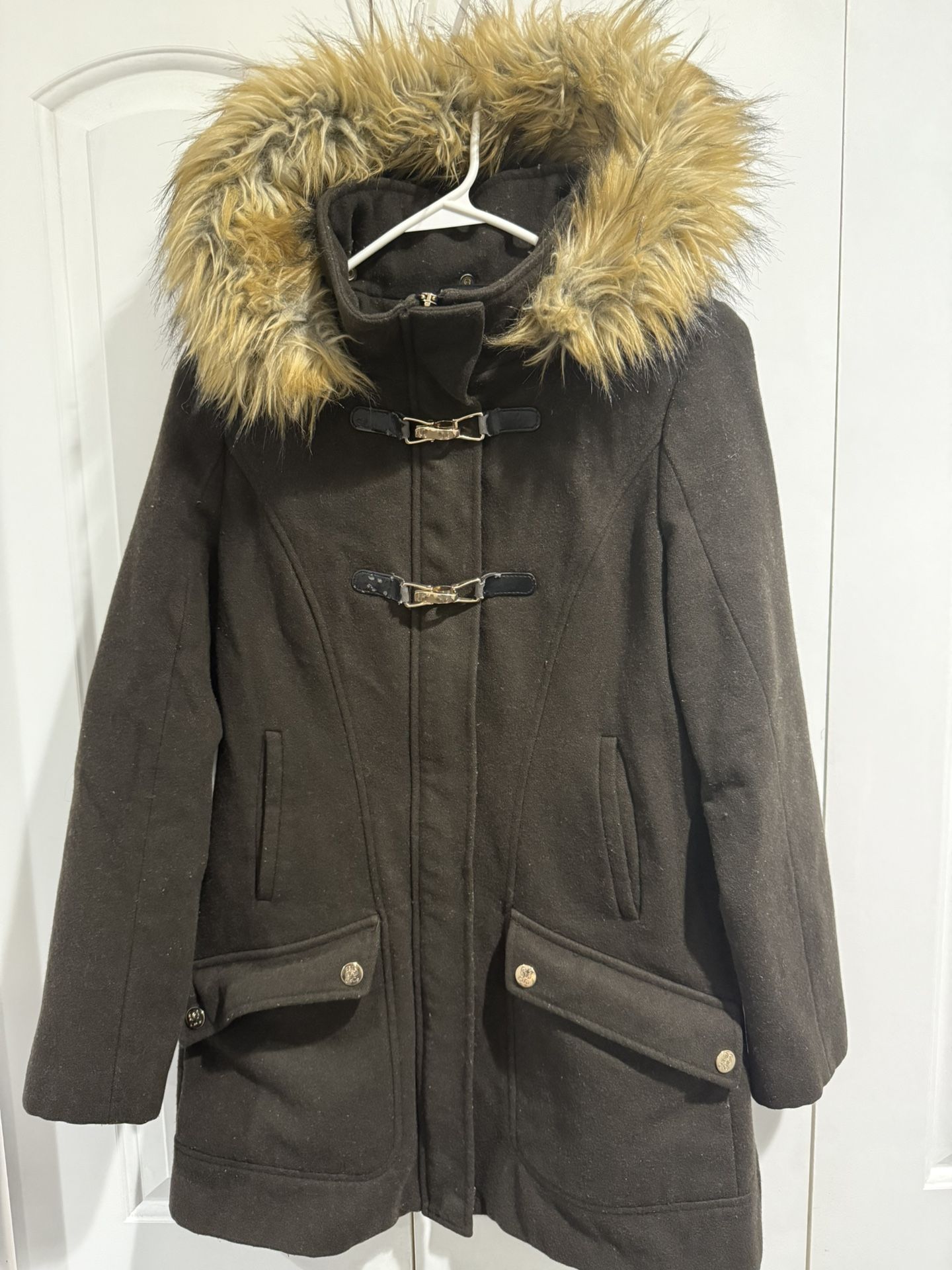 Women’s Coat With Removable Hood, Dark Green, Size 4