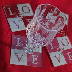 GLASS CLEAR AND FROSTED LOVE COASTERS 