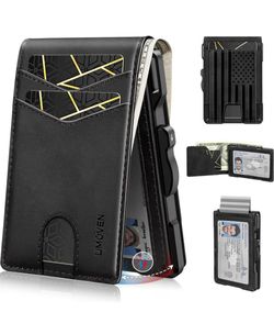 Wallet for Men Minimalist RFID‑Blocking Slim Leather Card Holder Cash Slot. Front pocket bifold metal card holder, pop up leather wallet, ID window, m