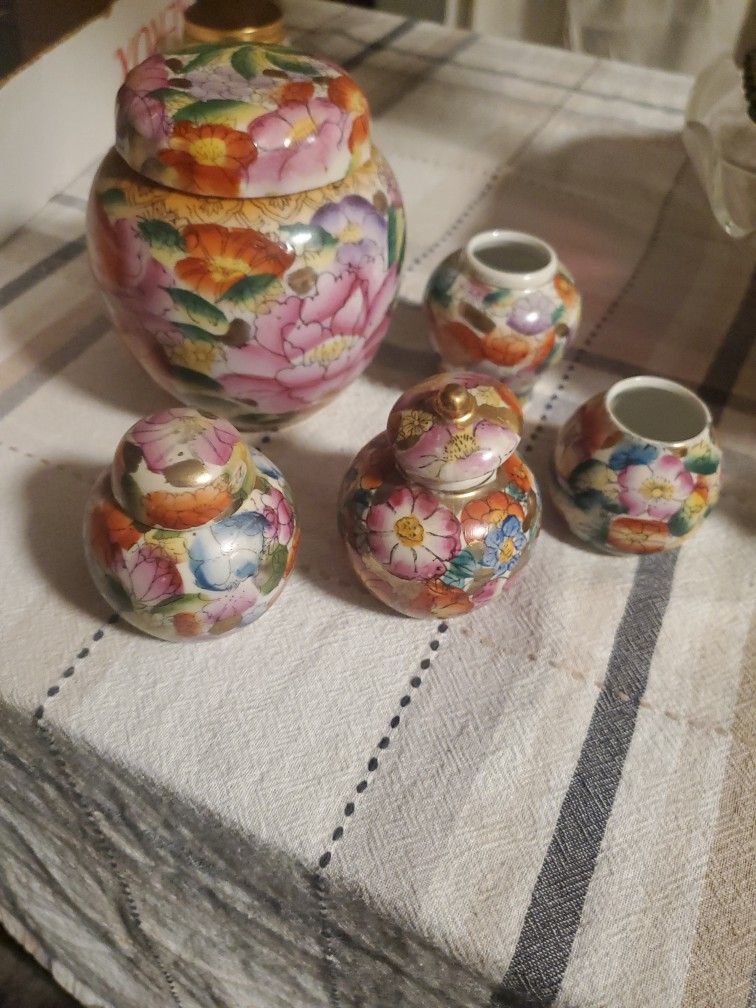 Vintage Japanese Hand-Painted Flowers Ginger Jars