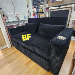 Loveseat Convertible Bed Black Corduroy Fabroc, USB Charger. New Especial Price 