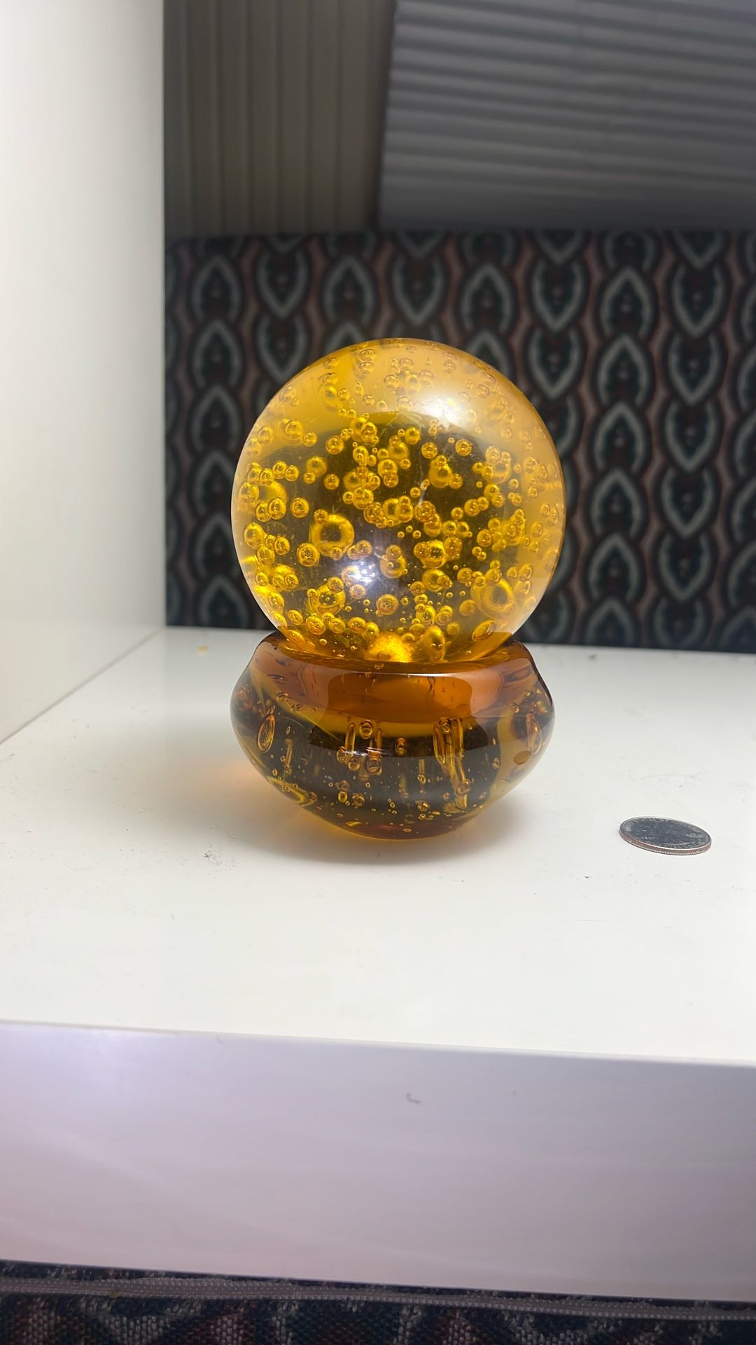 Orange art glass bullicante paperweight. Very good vintage condition. Mid century modern, retro accessory.